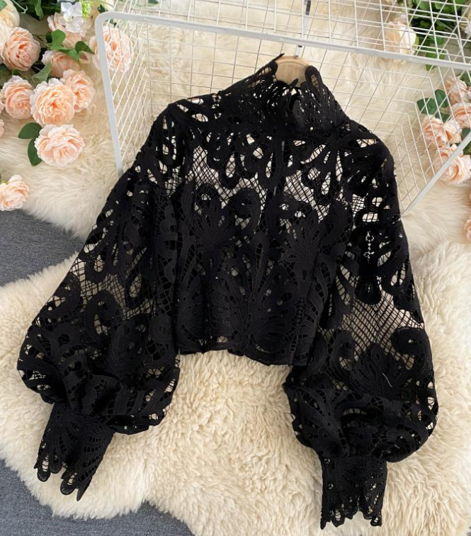 Design Lace Puff Sleeve Loose Sexy Shirt