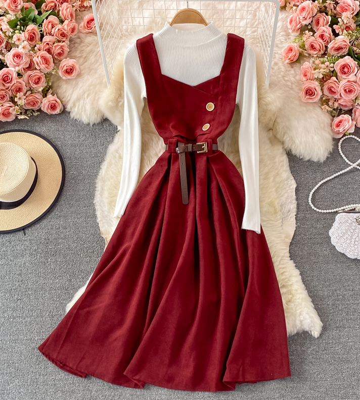 Retro Suspender Skirt, Waist And Corduroy Dress, Two-piece Stand-up Collar Knitted Bottoming Shirt