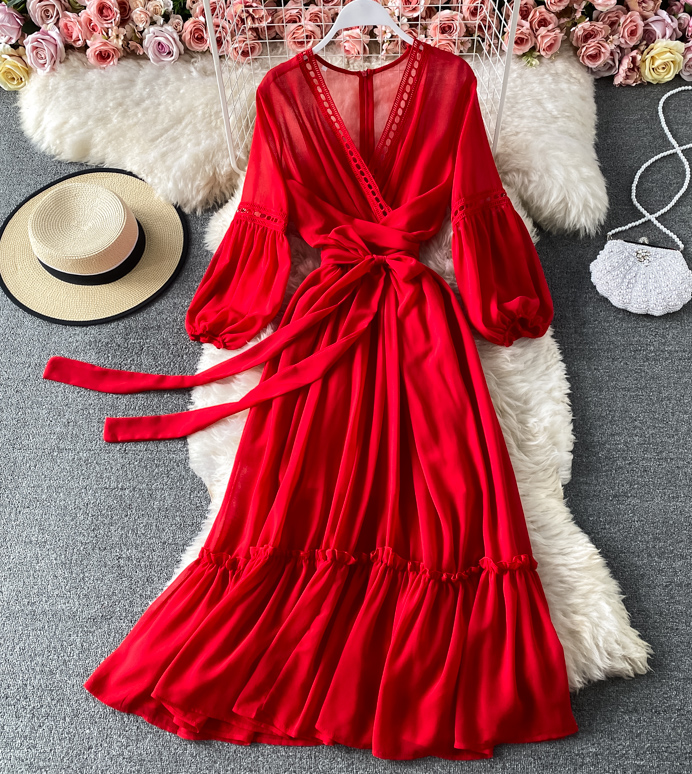 Solid Color Vintage Red V-neck High Waist Dress