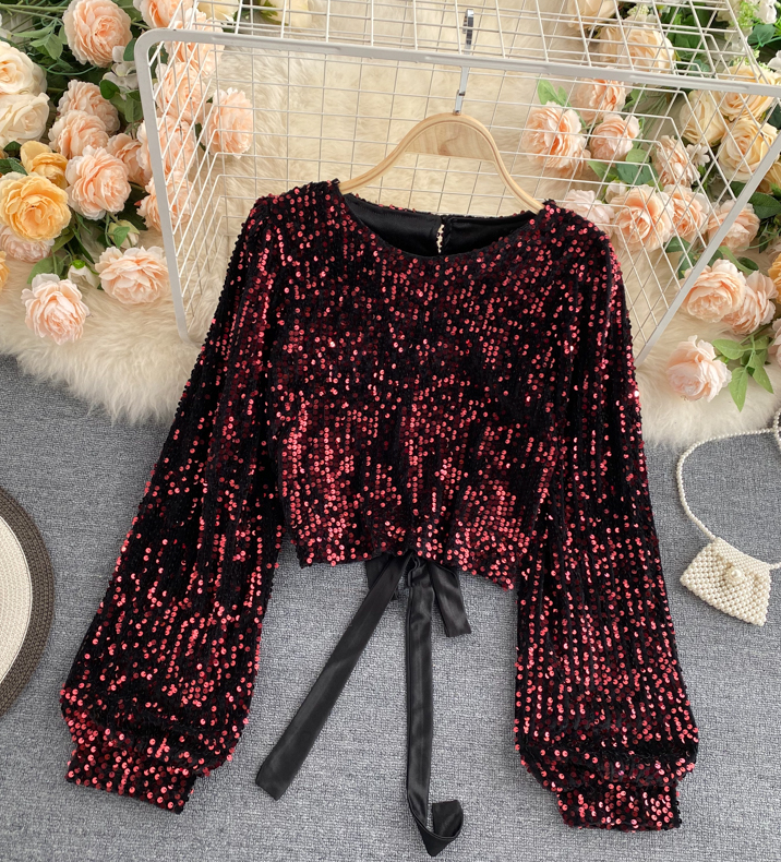 Temperament Design Long Sleeves Backless Sequined Shirt Top