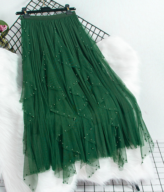 Solid Color Beaded High-Waist Skirt