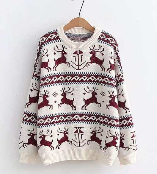 Loose Jacquard Knitted Long-sleeved Thick Round Neck Sweater