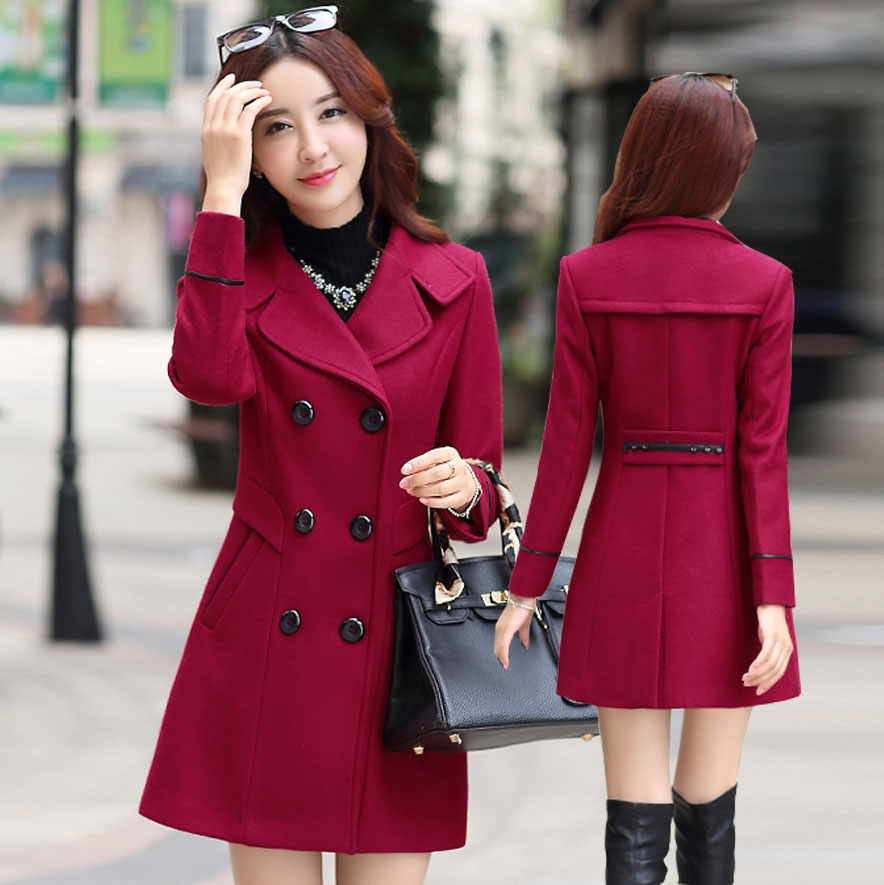 Fashion Wine Red Long Sleeve Double Breasted Winter Coat
