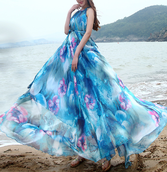 High-waist High-neck Print Ball Gown Long Beach Dress