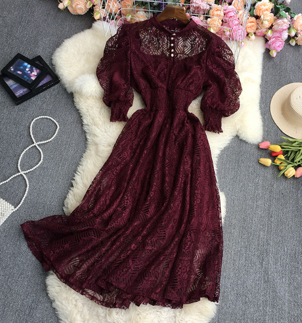 Fashion Sexy Embroidered Lace Bubble Sleeve Short Sleeve Dress
