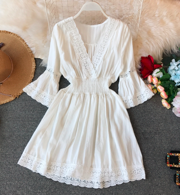 A Line White Hollow Lace Dress Summer Dress