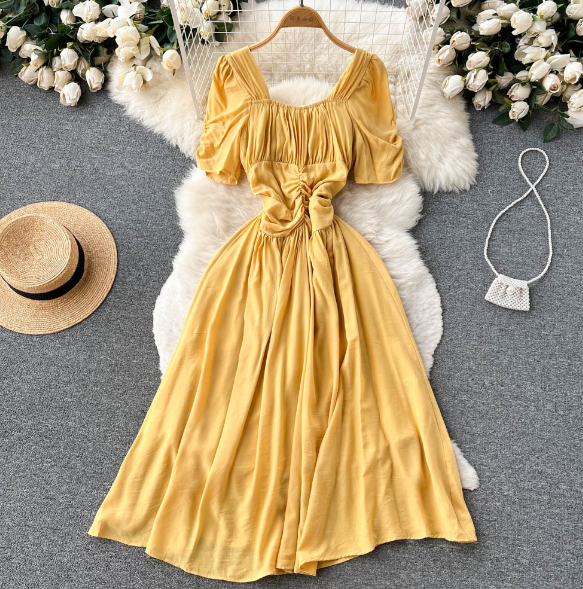 Solid Color Sweet High Waisted Short Sleeved Dress