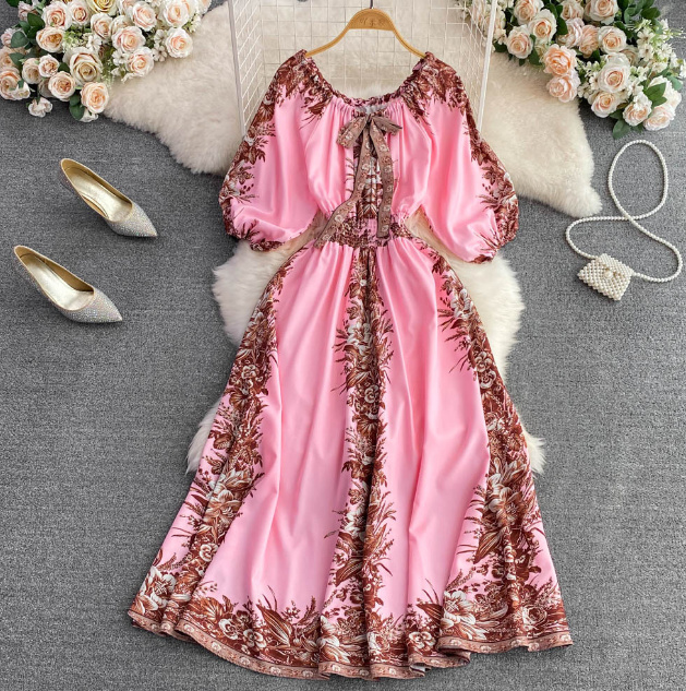 Round Neck Bubble Sleeve Printed High Waisted Dress