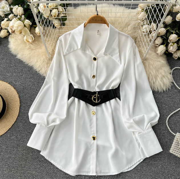 Temperament Solid Color Long Sleeve White Dress