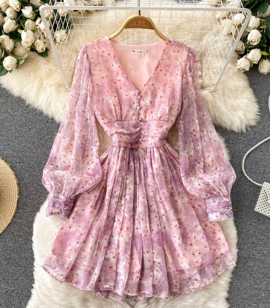 Vintage Chiffon Floral Style V-neck Bubble Sleeve Printed Dress