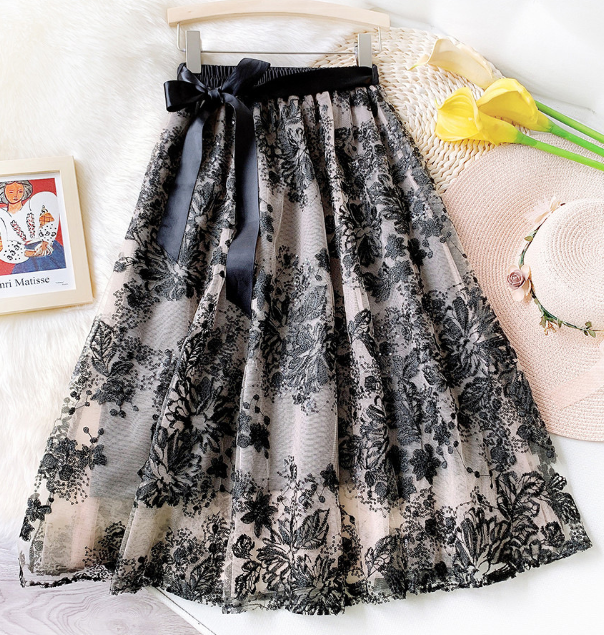 Vintage Sequin Embroidered Mesh High Waisted Embroidered Skirt