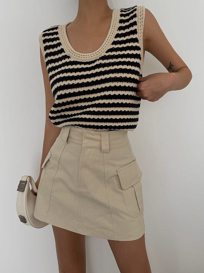 Black And White Striped Open Knit Tank Top Sling Sleeveless Vest Tops