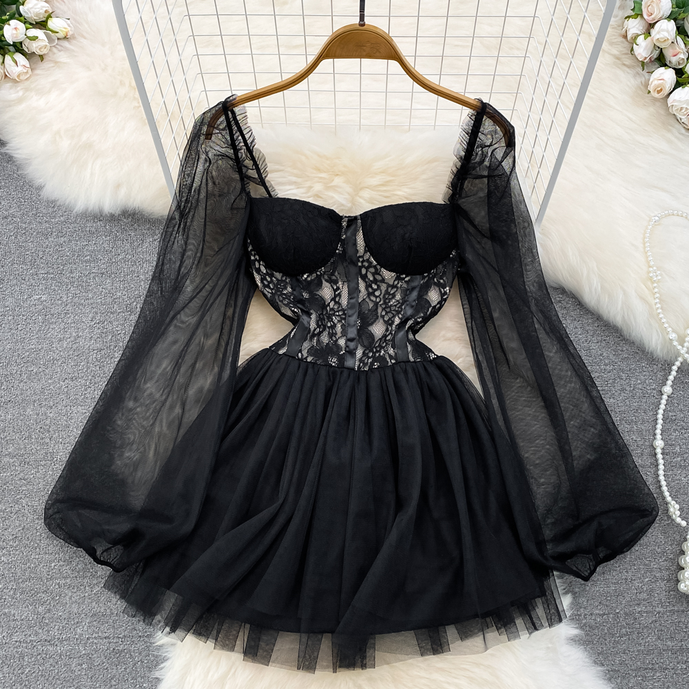 Sexy Temperament Long Sleeved High Waisted Lace Black Dress