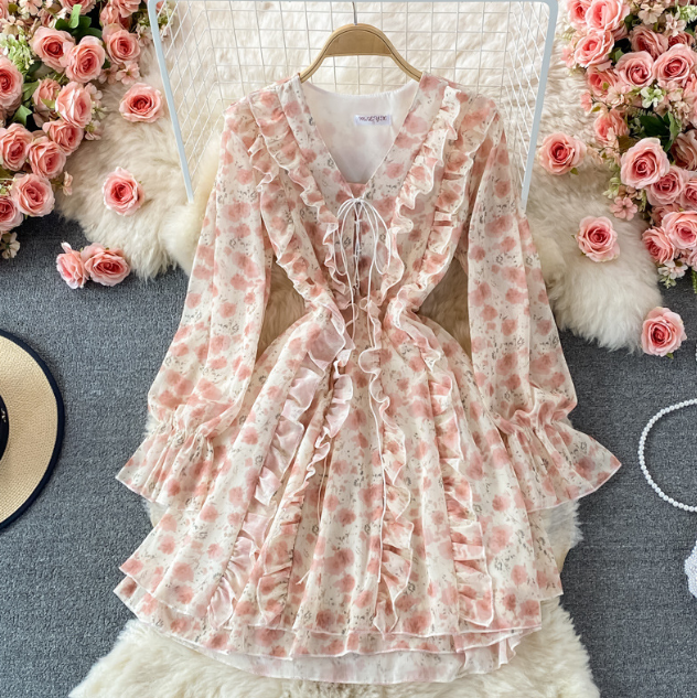 Sweet Ruffled V-neck Floral Pink Long Sleeved Dress