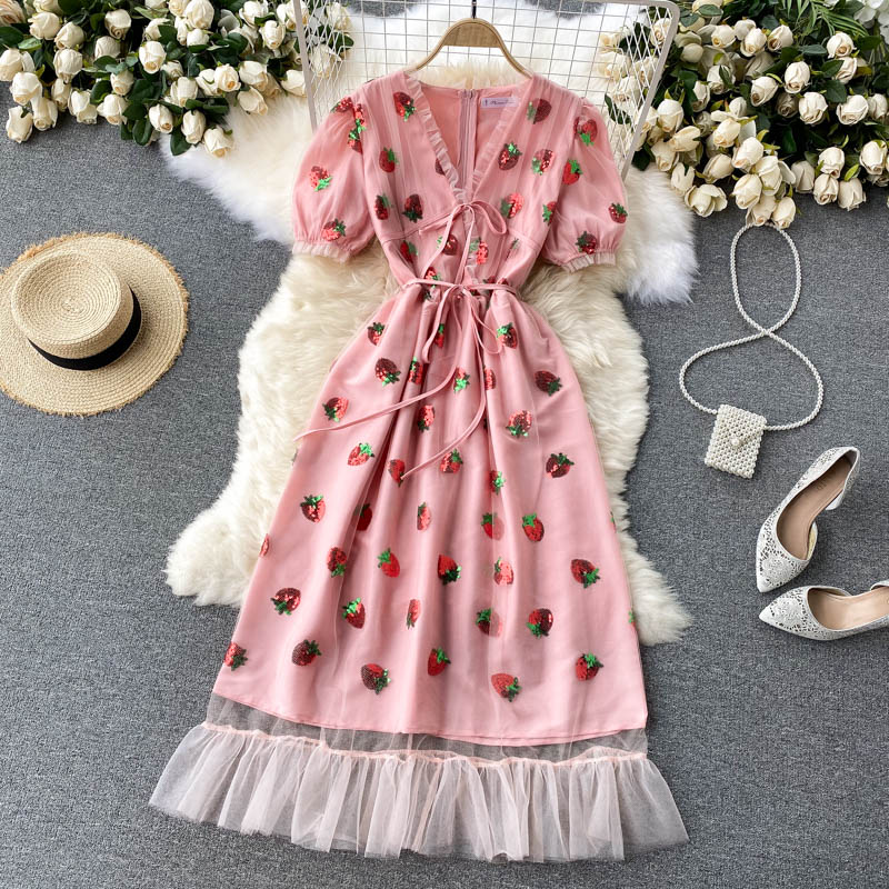 Women's Bubble Sleeves Strawberry Embroidered Mesh Dress