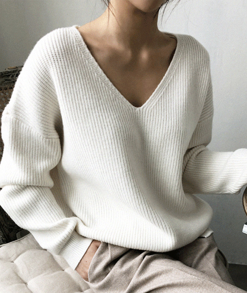 Solid Color V-neck Long Sleeve Sweater