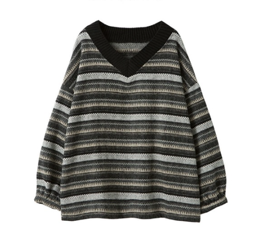 Striped Contrasting V-neck Loose Fitting Long Sleeved Sweater