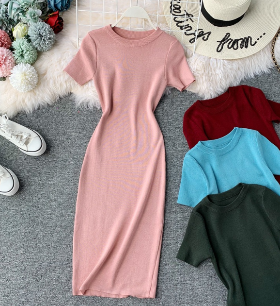 Solid Color Temperament Round Neck Elasticity Tight Fitting Short Sleeves Hip Wrap Dress