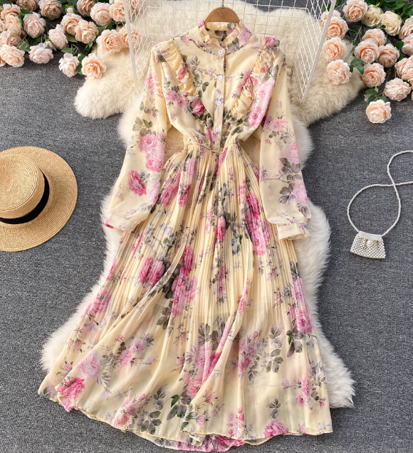 Elegant Temperament Long Sleeved Floral Chiffon Dress