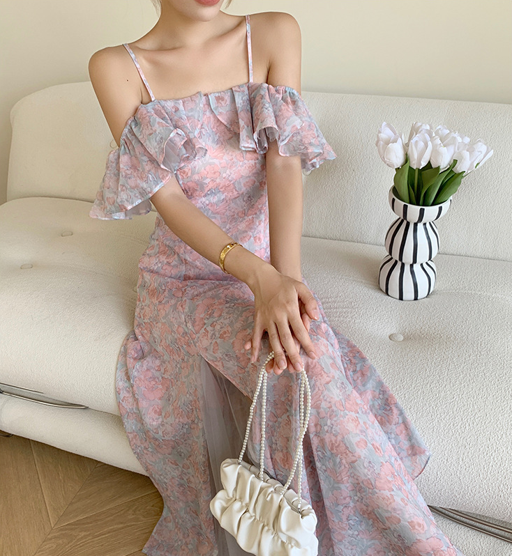 One Shoulder Floral Fairy Sweet Chiffon Fairy Floral A Line Dress