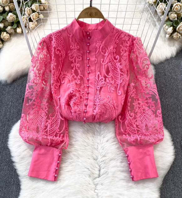 Temperament Long Sleeved Casual Breasted Lace Shirt Top