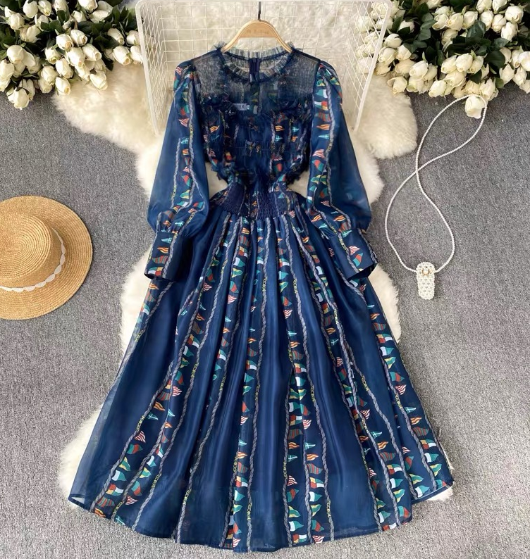 Long-sleeve Floral Temperament High-waisted With Puffed Sleeves Dress