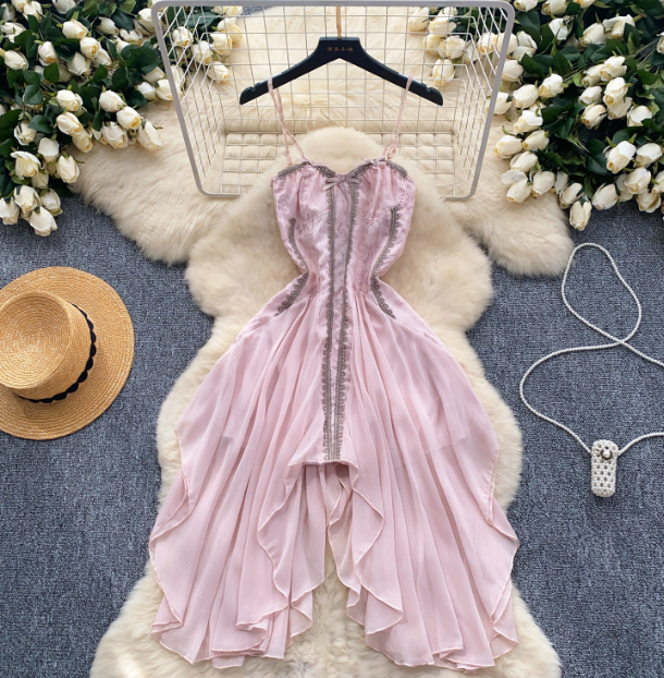 Sling Design Lace Splicing Irregular Chiffon Dress