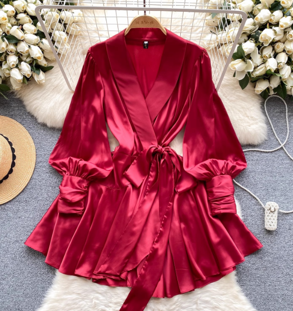 Temperament Long Sleeve High Waist Bubble Sleeve Dress