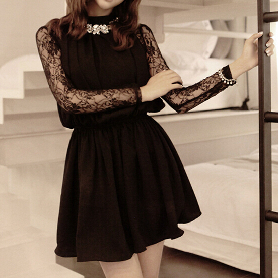 Lace Stitching Round Neck Longsleeved Dress er102511uy on Luulla