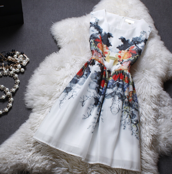 Printed Slim Sleeveless Vest Dress we32109po on Luulla