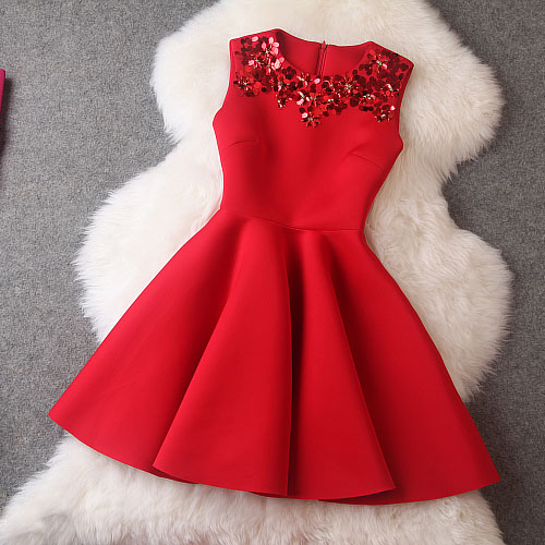 Luxury Designer Sequined Sleeveless Dress For Autumn&Winter - Red