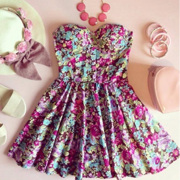 Strapless Skater Bustier Floral Print Summer Dress We8406po