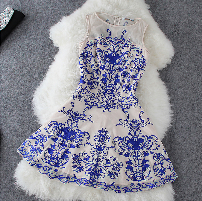 The 2014 Blue And Nude Porcelain Sleeveless Dress Lace Embroidery We81811po