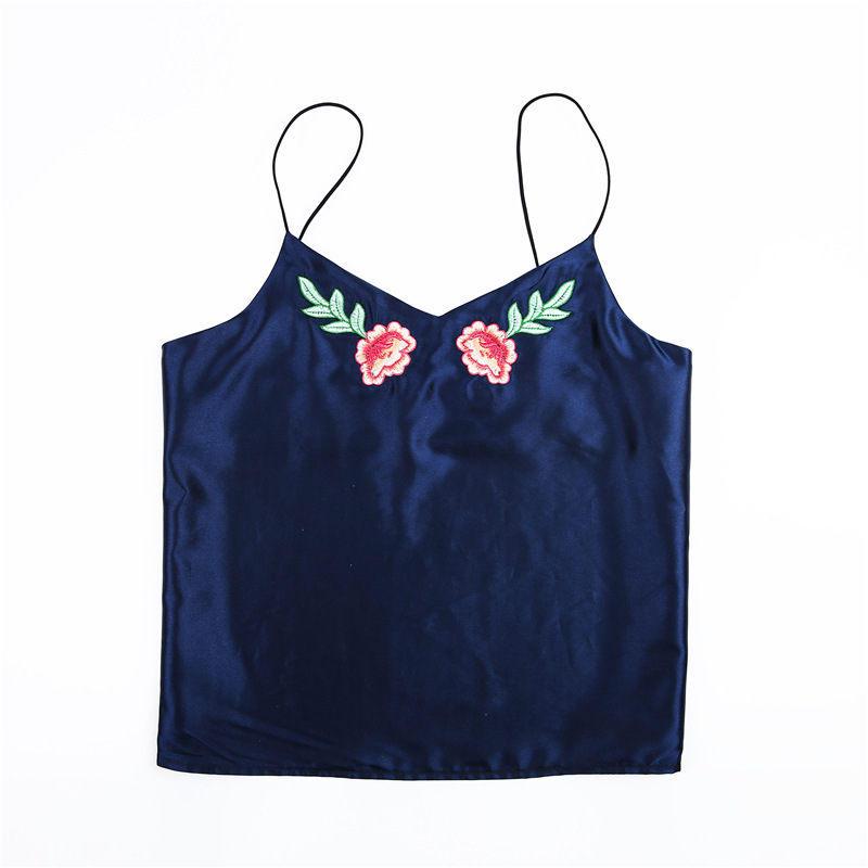 Navy Blue Satin Plunge V Cami Top Featuring Floral Embroidery