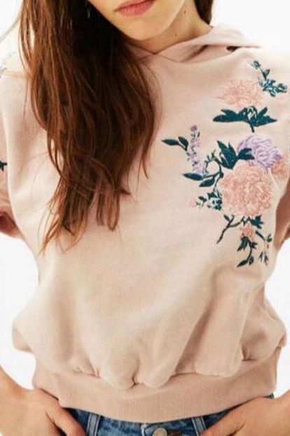 Women Fashion Embroidery Rose Flower Top Sweater Pullover Hoodie Pink