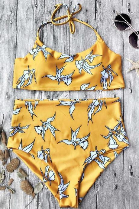 Yellow White Floral Print Crop Halter Bikini Set
