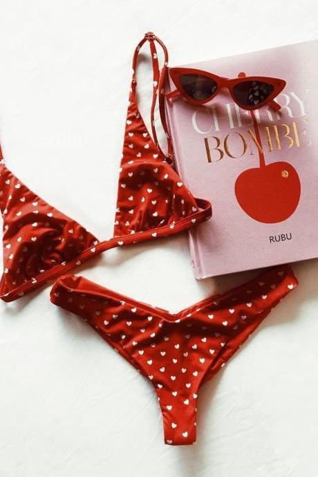 White Heart Print Red Two-piece Bikini