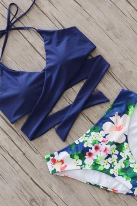 Cross Brazilian Bikini Set Women Swimsuit Push Up Swimwear Fall Floral Cross Criss Bikini Set Halter Bathing Suits Swim