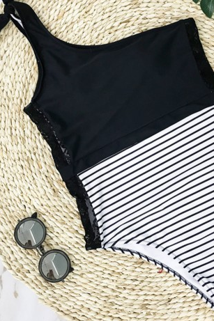 2018 Sexy Stripe Lace One Piece Swimwear