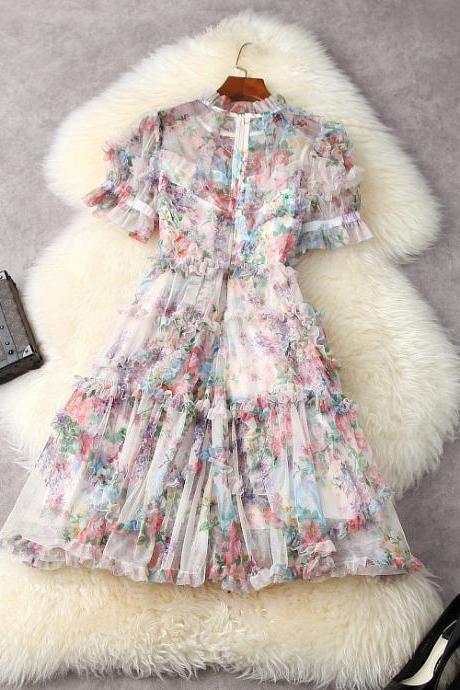 Fashion Mesh Short-Sleeved High-Waist Printed Dress A6700