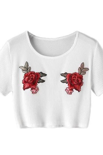 Cute Ribbed Rose Embroidery T-Shirt Crop Top in White