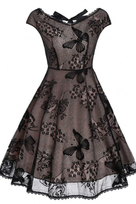 V-neck Butterfly Solid Color Lace Dress