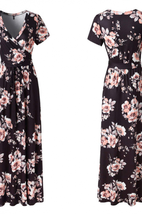 V-neck Printed Short-sleeved Dress