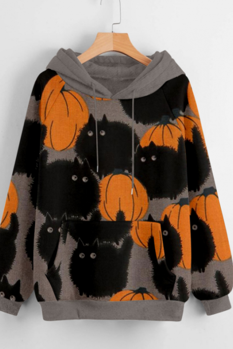 Long-Sleeved Hooded Pumpkin Printing Loose Sweater