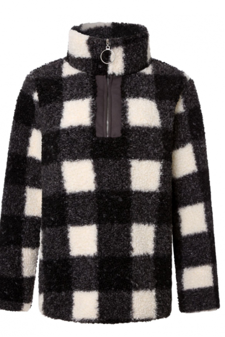 Zipper Long-sleeved Plaid Sweater
