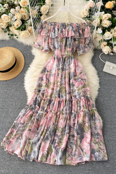 Sexy One-neck Off-shoulder Ruffled Chiffon Floral Dress