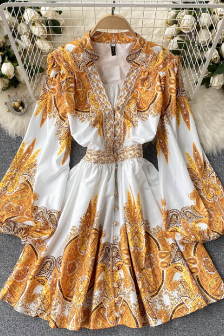 Design Vintage Long-sleeved V-print Dress