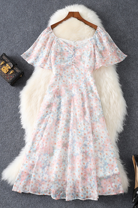 Temperament Short-sleeved Floral Chiffon Dress