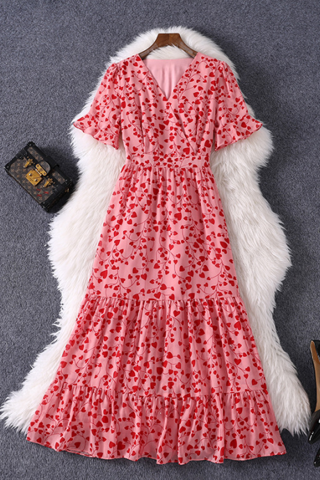 V-neck Short-sleeved Floral Chiffon Dress