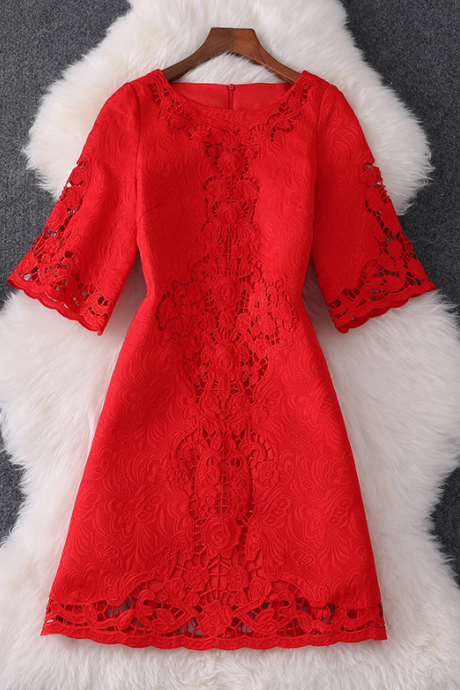 Slim Women's Red Round Neck Short Sleeve High Waist Dress